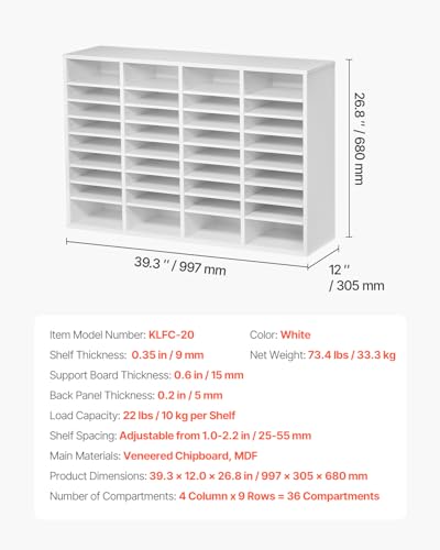 VEVOR Literature Organizer, 36 Compartments Office Mailbox with Adjustable Shelves, Wooden Mailbox Sorter Medium Density Fiberboard Office Home Classroom Storage for Files, Documents, Papers, White - color: White, size: 36 Compartments