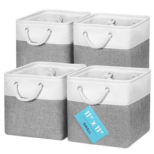 OrganiHaus 11x11 Cube Storage Bins 4 Pack, Foldable Cube Storage Organizer w/ Rope Handles, Collapsible Fabric Bins for Toys, Clothes & Closet Organization, Fabric Square Baskets - Gray/White - color: Gray Base / Off-White, size: 4 pcs (11x11)