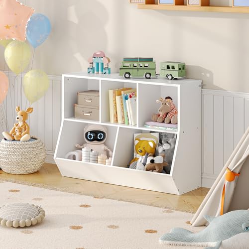 HOOBRO Kids Bookshelf, Bookcase Footboard, Toy Storage Cubby, Children's Toy Shelf, 35.4" L Storage Cabinet, Fit for Children's Room, Playroom, Hallway, Kindergarten, White WT32CW01 - color: White, size: 35.4"L x 11.8"W x 29.5"H
