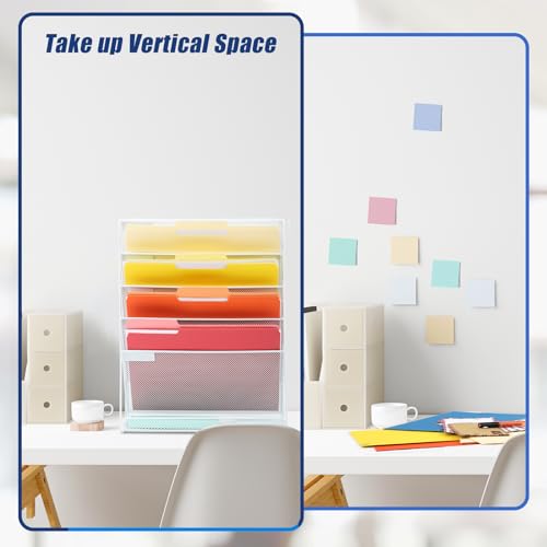 EASEPRES Desk File Organizer Mesh 6-Tier, Hanging Wall Mount Document Organization Stand, Desktop Vertical Mail Paper Folder Holder Rack with Bottom Tray for Office Home Cubicle Countertop, White - color: White, size: 6 Tier