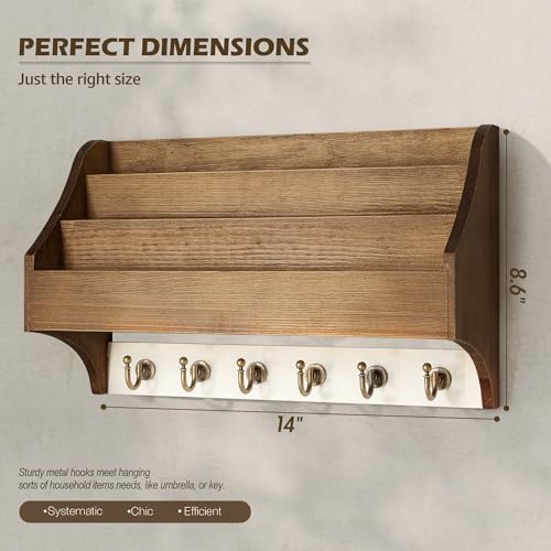 Rebee Vision Pine Wood Key Holder Wall Mount - Farmhouse 3-Tire Mail Holder with 6 Key Hooks for Home Decor- Multifunctional Wall Organizer for Hanging Letter (Brown&White) - color: Brown&White