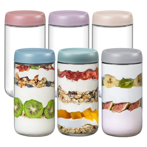 NETANY 6-pack 24oz Glass jars with Airtight Lids, Overnight Oats Containers with Lids, Wide mouth Mason Salad jars, Glass Food Storage Containers for Snacks Yogurt Spice Sugar - color: Multicolor-6pack-24oz