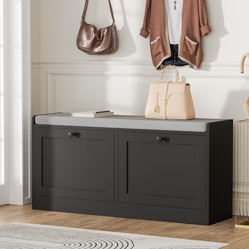 MHOM Black Modern Entryway Bench with 2 Flip Drawers, Shoe Bench with Padded Seat Cushion, Wooden Storage Bench for Hallway and Entryway - color: Black