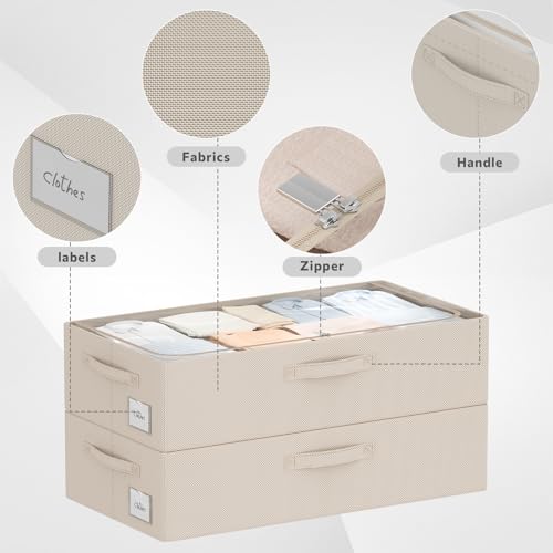 CYhom 3Pcs Under Bed Storage Bins with Metal Frame - Shoe Organizer for Closet with Clear Cover Oxford Fabric Sturdy Underbed Container Foldable Stackable Clothes Organizer (Beige, 23.5x11.8x6.3) - color: Beige, size: 23.5x11.8x6.3