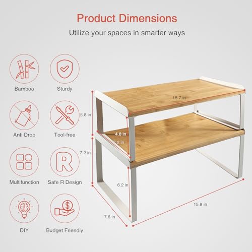 Goozii Kitchen Cabinet Organizer Shelf Set of 4, Large Stackable Pantry Cupboard Countertop Storage and Organizer, Desk Shelf Riser, Spice Plate Cup Expandable Storage Rack (Bamboo White) - color: White-bamboo, size: Large