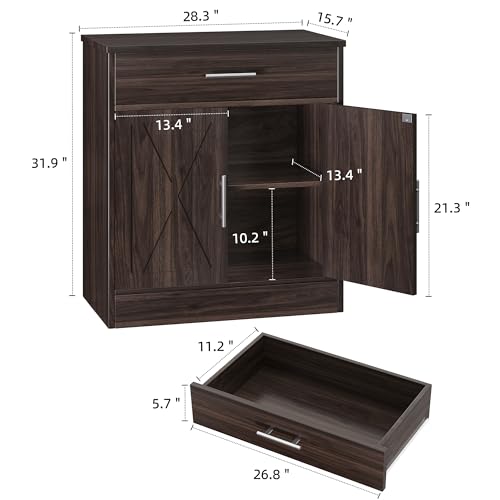 Shintenchi Farmhouse Storage Cabinets with Doors and Shelves,Kitchen Barn Door Storage Cabinet with Drawers,Coffee Bar Cabinet Buffest Sideboard for Dining Living Room,Bathroom,Entryway,Dark Brown - color: Dark Brown, size: 28.3"L
