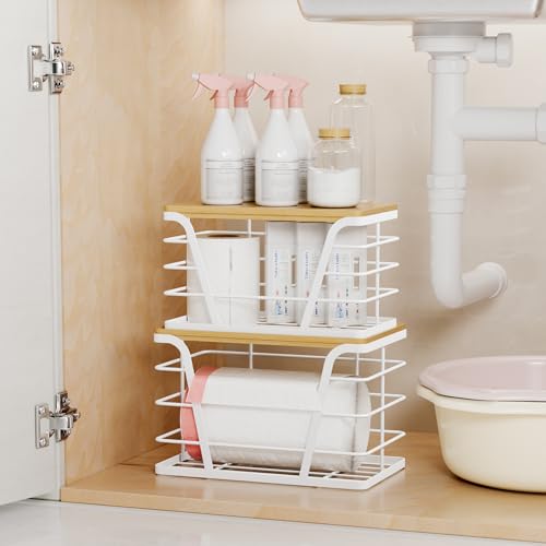 TIDIIABODE 2 Pack Stackable Laundry Room Organization and Storage, Laundry Room Decor and Accessories, Trash Bag Holder with Bamboo Top and Garbage Bag Dispenser, White - color: 2-Pack-L&S-White