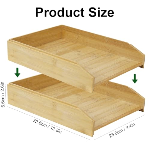 MultiBey A4 Bamboo Stackable Paper Tray 2-Pack, 2-Tier Anti-Toppling Desk Organizer, Wooden Letter Document Magazine Tray Desktop File Folder Holder for Office & Home Supplies
