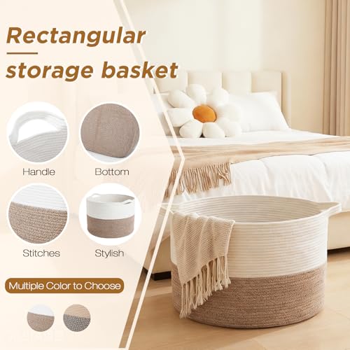 XXXXL 125L Extra Large Blanket Basket, 23.6" x 16.9" Jumbo Woven Cotton Rope Storage Basket with Handles, Laundry Hamper, Toy Storage for Living & Play Room(White & Brown) - color: White & Brown