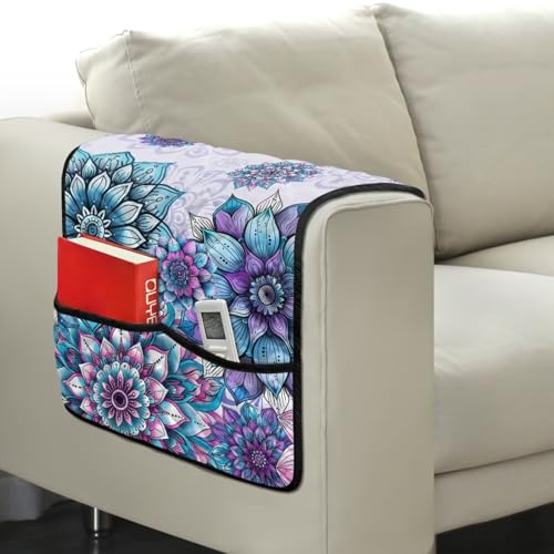 Boho Mandala Floral Print Sofa Armrest Organizer Scratch Proof Couch Sofa Armrest Cover Remote Controls Holder, 2 Side Storage Pocket for Magazine, Remote, Phone, Books - color: Boho Mandala Floral