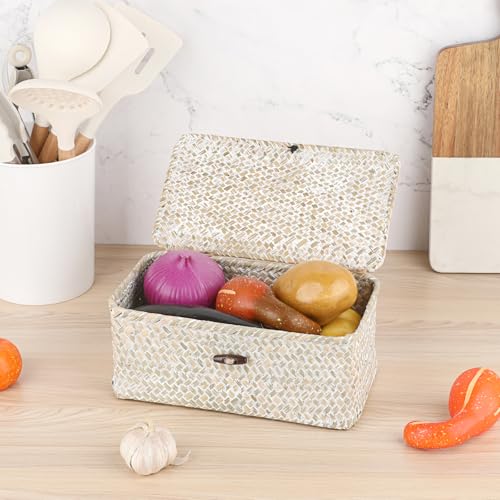 Sumnacon Wicker Basket with Lid Rectangle Woven Baskets for Toiletries Tampon Storage,Wicker Storage Basket with Lid,Decorative Seagrass Storage Baskets for Shelf Bathroom Toilet Table,Whitewash - color: Whitewash, size: X-Small