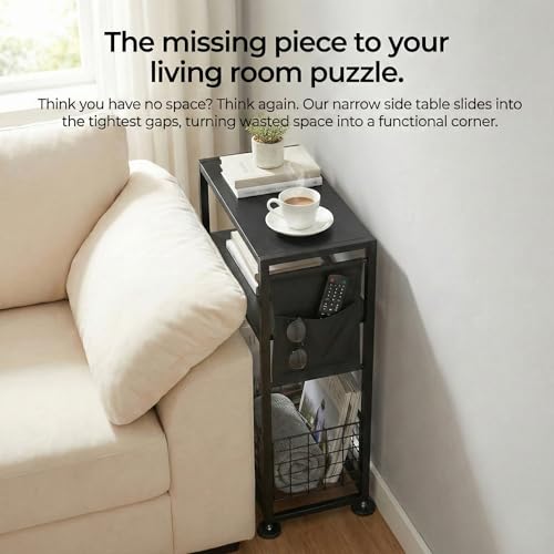 Skinny Side Table with Storage, 3 Tier Slim Side Tables for Small Spaces, Skinny End Table Narrow Bedside Table Narrow Side Table for Living Room, Bedroom - color: Black
