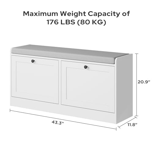 MHOM White Entryway Bench with 2 Flip Drawers, Shoe Bench with Padded Seat Cushion, Wooden Shoe Storage Bench for Entryway and Apartment - color: White