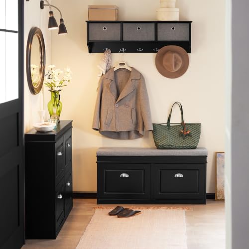 SoBuy Black Storage Shoe Bench with 2 Flip Drawers, Hidden Shoe Bench, Free Standing Shoe Rack, Shoe Cabinet, Hallway Storage Bench with Seat Cushion FSR64-SCH - color: Black, size: 2 Drawers (Long)