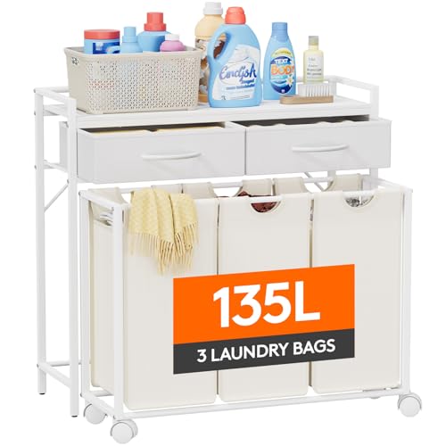 Lifewit Laundry Hamper 3 Section, Large Rolling Laundry Sorter with Shelf & 2 Drawers, Pull-Out Laundry Basket Organizer with Wheels and Removable Bag for Laundry Room Bathroom, White and Beige - color: White