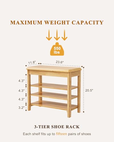 IUNVR Shoe Rack Bench Seat Rubberwood 3-Tier Wooden Storage Bench 550lbs Compact Mid-Century Modern Design for Entryway, Hallway, Closet, Front Door Entrance, Foyer - color: Natural-3 Tier(wood), size: 23.6"W x 11.8"D x 20.5"H