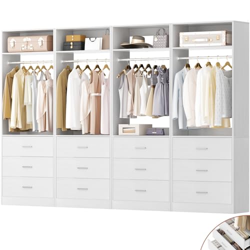 Besiost Closet System Set of 4, 8FT Closet Systems with 12 Wood Drawers, 96" Closet Organizer System with 4 Hanging Rods & 4 Shelves, Heavy Duty 96 Inch Walk-in Closet, White (96"L x 15" W x 80" H) - color: White, size: 8FT