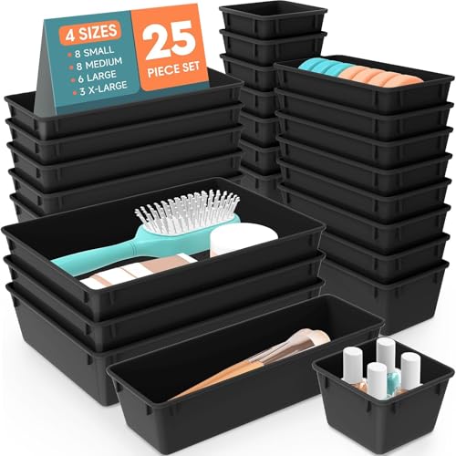 SpaceHacks 25 PCS Plastic Drawer Organizer Set, 4-Size Versatile Organizer Trays & Storage Bins for Makeup, Jewelry, and Gadgets in Bathroom, Bedroom and Office, Black - color: Black