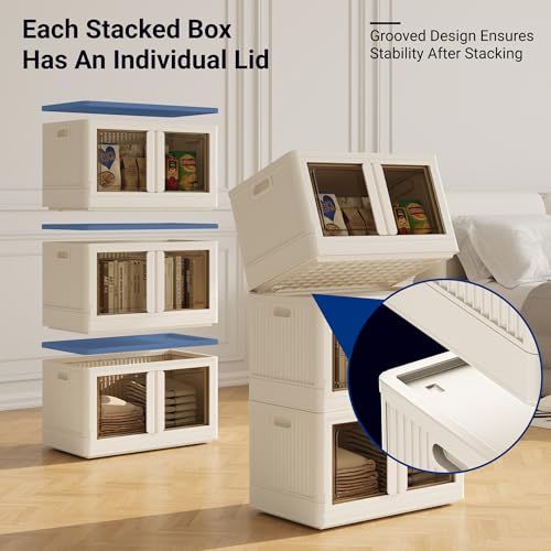 FLEXIMOUNTS 228 QT Stackable Storage Bins With Lids, Collapsible Plastic Storage Bins With Doors and Built-in Wheels For Home Dorm Closet Organizers and Storage, 3 Pack Cubes, Milky White - color: Milky White, size: 76 Qt-3 Pack