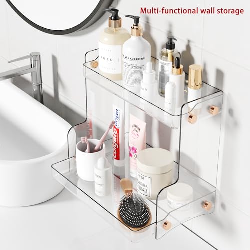 Bathroom Countertop Organizer, 2 Tier Clear Plastic Vanity Organizer with Adhesive Support, Space Saving Storage Shelf for Skincare, Perfume, Makeup and Daily Essentials - color: Clear