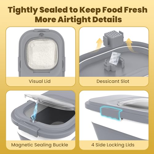HOYTAMDA 25-35Lbs Rice Container,Collapsible Airtight Food Storage Containers with Wheels,Handle,Rice Storage Container with Small Bin and Scoop,Rice Dispenser for Flour Sugar Cereal Grain Dog Cat - color: Grey/25-35lbs