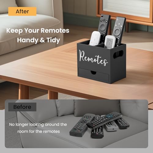 Remote Control Holder, TV Remote Holder with Drawer, Wood Remote Control Organizer for Table, Media Storage Box for Nightstand, Living Room (Black,2 Slots) - color: Black - 2 slot