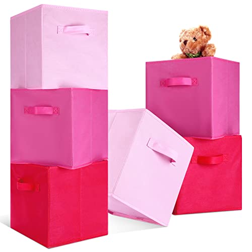 Karenhi 11" x 10. 5" x 10. 5" Pink Storage Cube, 6 Pack Fabric Cube Storage Bins Organizer Box, Collapsible Baskets with Handles Foldable Shelf for Cloth Toys Home Room Closet, Pack of 6 - color: Pink