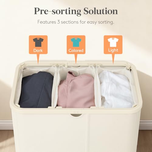 Lifewit 185L Large 3 Section Laundry Hamper with Lid, Plastic Laundry Basket with Bamboo Handles and Removable Bags, Tall Foldable Clothes Hamper for Bathroom Bedroom, White - color: White