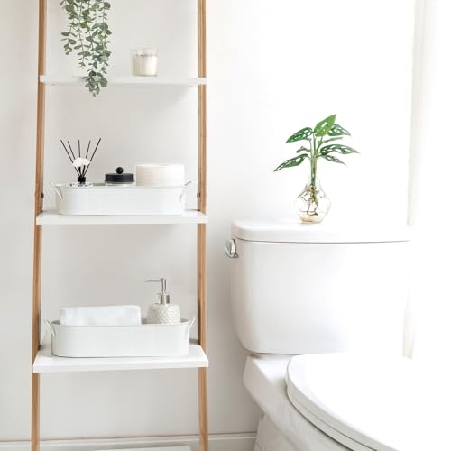 Mkono Metal Storage Basket for Toilet Tank Top Bathroom Decor, Galvanized Tray with Handle for Shelves, Farmhouse Toilet Paper Holder Organizing Bin Box for Countertop Living Room, Set of 2, White - color: White