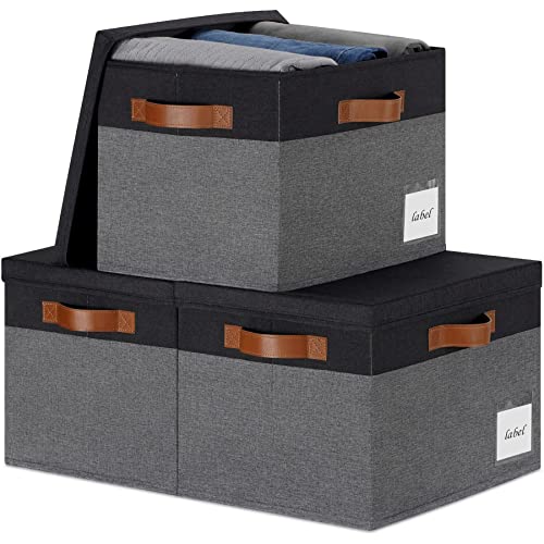 Extra Large Storage Bins with Lids, Foldable Fabric Storage Baskets with Lids, Sturdy Storage Boxes with Labels and 3 PU Handles for Closet Home Bedroom Office (32L, 3 Packs, Grey&Black) - color: Grey with Black, size: Extra Large-3pcs
