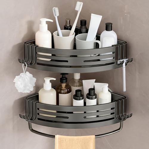 Conworld Corner Shower Caddy with Suction Cups, Shower Suction Shelf With Towel Bar, Wall Bathroom Shower Organizer Corner with Hooks, No-Drilling Removable (Aluminum, 2-Pack, Gunmetal Gray) - style: Gunmetal Gray-（With towel bar）