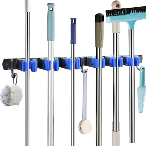 Broom Holder Mop Hanger Wall Mount Metal Organization Garage Storage System Laundry Room Closet Shed Garden Kitchen Tool Organizer (6 Racks with 3 Hooks, Blue)
