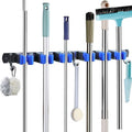 Broom Holder Mop Hanger Wall Mount Metal Organization Garage Storage System Laundry Room Closet Shed Garden Kitchen Tool Organizer (6 Racks with 3 Hooks, Blue)