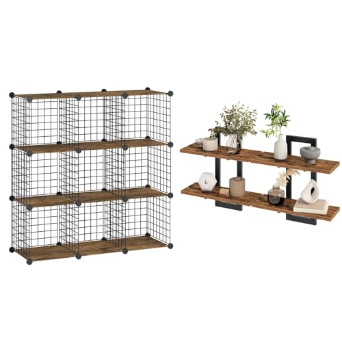 HOOBRO Floating Shelves and Wire Cube Storage Organizer, 15 Inch Wall Shelf Set of 2, 9-Cube Shelves, Modular Shelves with Metal Grid, DIY Closet Cabinet, BF32BJ01G1-BF09CW01