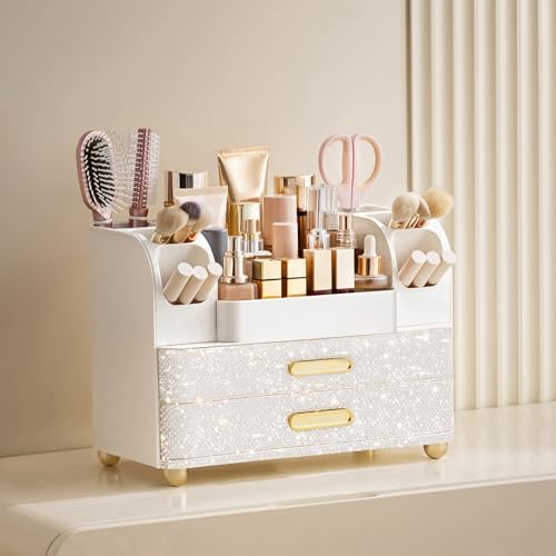 HBlife Makeup Organizer for Vanity with Brush Holder, Large Bathroom Countertop Cosmetic Organizer Skin Care Storage, Easy to Store Nail Polishes, Perfumes, Eyeshadow Palettes, Pearl All White - color: Pearl All White