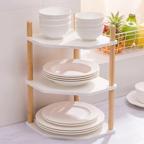 3-Tier Expandable Bamboo Corner Shelf - Dish/Plate Organizer for Cabinet, Kitchen Counter Shelf & Small Kitchen Shelf, Adjustable (White, 1-Pc 6.70" H) - color: 6.7"H-White-3