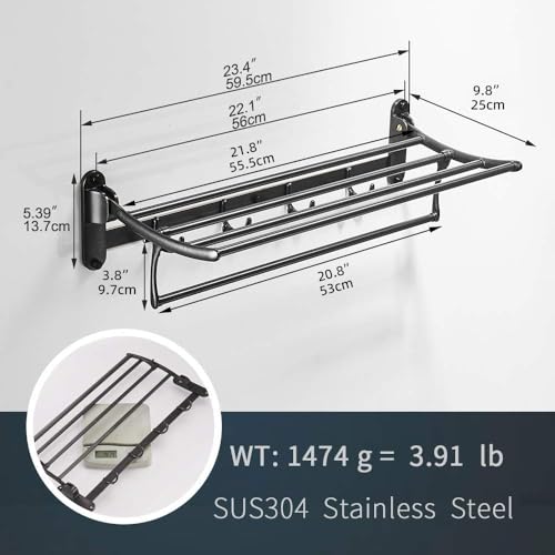 BESy 24 Inch Oil Rubbed Bronze Towel Racks, Bathroom Towel Shelf with Foldable Towel Bar Holder and Towel Hooks, Wall Mounted Multifunctional Bathroom Accessories, Double Towel Bars - color: Oil Rubbed Bronze
