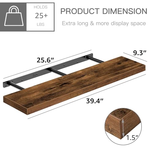 QEEIG Floating Shelves for Wall 39.4" Long - Wall Mounted Shelf Bathroom Kitchen Living Room Bedroom Farmhouse Home Decor Display Bookshelf Large 39.4 x 9.3 inch Set of 2, Rustic Brown (008-100BN) - color: A. Brown, size: 39.4"