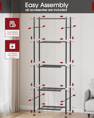 Sakugi Storage Shelves - 5 Tier Shelf Organizer, Sturdy Metal Garage Shelving with Adjustable Leveling Feet, Space-Saving Shelves Organizer for Pantry, Laundry, Kitchen (18" x 12" x 57", Black) - color: Black, size: 18.0W x 12.0D x 57.0H (5T)