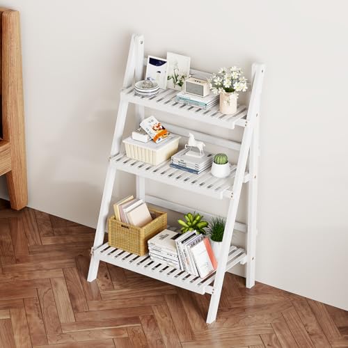 oakvivo Bamboo Bookshelf 3-Tier Ladder Shelf, 39.4” Freestanding Open Bookcase Book Shelf Bathroom Storage Shelf Unit Plant Stand for Small Space, Living Room, Bedroom, Home Office, White - color: 3-tier White