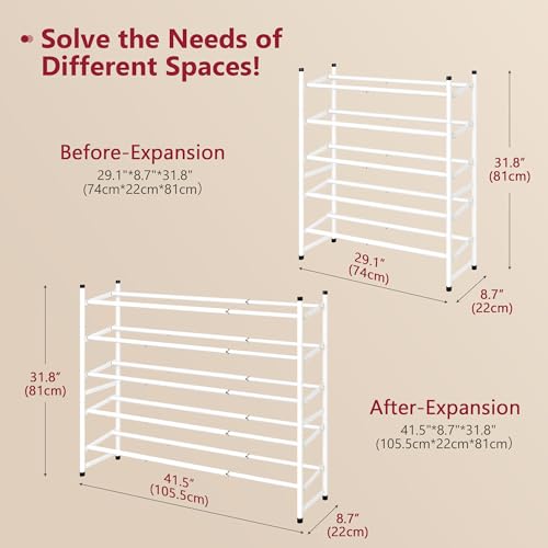 Tajsoon Expandable Shoe Rack for Closet 5 Tier, 29“-41“Adjustable & Stackable Shoe Shelf Storage, Metal Shoe Rack Organizer for Front Door Entrance, Closet, Garage, Entryway, White - color: White, size: 5 Tier
