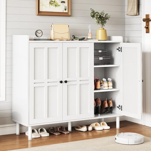 ONBRILL Shoe Cabinet with 3 Doors and Adjustable Shelves, 30 Pairs Shoe Storage Cabinet, 40 Inch Tall Farmhouse Shoe Rack Shoe Organizer Cabinet for Entryway Living Room Closet, White - color: White