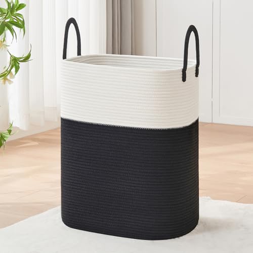 AINUOQI Laundry Basket with Handles - Blanket Basket & Hampers for Bedroom Aesthetic, Laundry Hamper & Blanket Storage for Living Room, Clothes Hamper, Tall, Large 17" x 14" x 25”, White & Black - color: White & Black, size: 85L