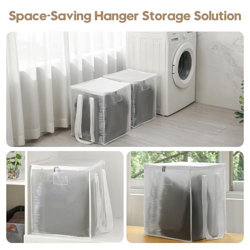 Beveetio 2-Pack Large Clothes Hanger Organizer Bag with Lid & Handles, Dustproof Hanger Storage with 2 Compartments, Space Saving for Closet & Laundry Room