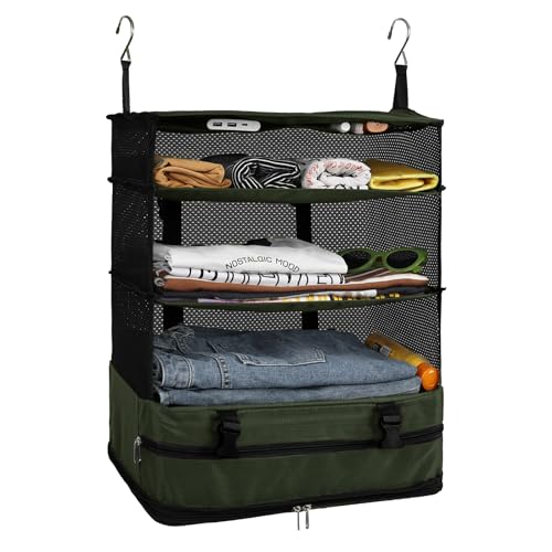 Surblue Hanging Closet Storage Bag Collapsible 3-Shelf Washable Oxford Fabric with 2 Hooks (XL 17.71 * 11.81 * 20in, Dark Green) - color: Dark Green, size: XL 17.71*11.81*20in