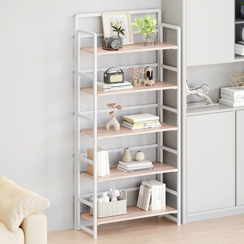 No Assembly Folding Bookshelf, 5 Tiers Collapsible Book Shelf for Home Office, Vintage Wood Foldable Bookcase Storage Organizer for Living Room Bedroom (Beige) - color: Beige, size: 5-tier