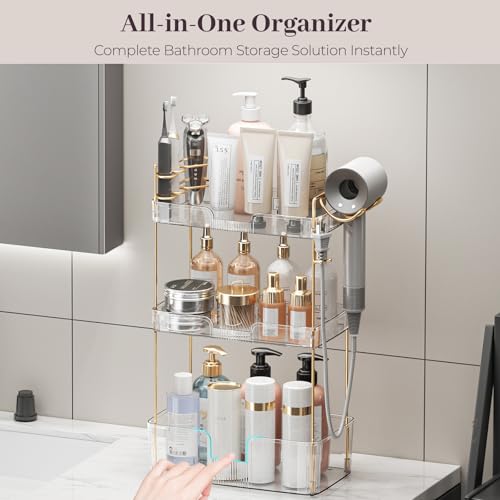 Bathroom Counter Organizer Countertop, 3 Tier Makeup Perfume Storage with Hair Dryer Rack and Toothbrush Holder, Cosmetic Tray for Vanity - Clear - color: Pearl White, size: 3 Tier-New