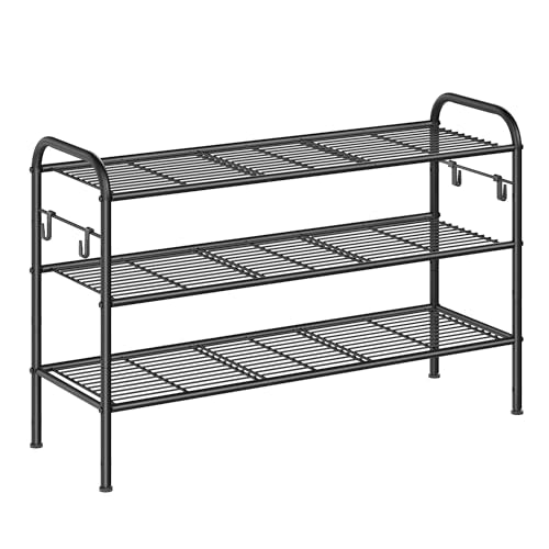 SONGMICS Shoe Rack, 3-Tier Shoe Organizer, Metal Shoe Shelf Storage with 4 Side Hooks, Holds 16 Pairs of Shoes, Height-Adjustable Shoe Rack for Entryway, Hallway, Closet, Ink Black ULMR138B01 - color: Ink Black, size: 3 Tiers (33.5"W)