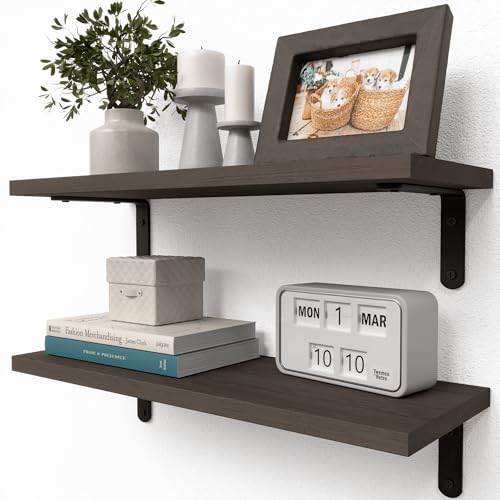 RICHER HOUSE Floating Shelves for Décor, Rustic Wood Wall Shelves for Bedroom Set of 2, Farmhouse Shelf for Bathroom, Hanging Shelves for Storage, Wall Mounted - Deep Brown - color: Deep Brown, size: 2 Pcs:16.54in