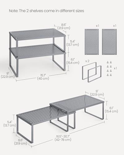 SONGMICS Spice Racks, Set of 2 Metal Cabinet Shelf Organizers, Countertop Organizers, Shelf Risers, Stackable, Expandable, Silver UKCS401G01 - color: Silver, size: 9"D x 15.7"W x 6.1"H + 8.6"D x 15.7"W x 5.4"H